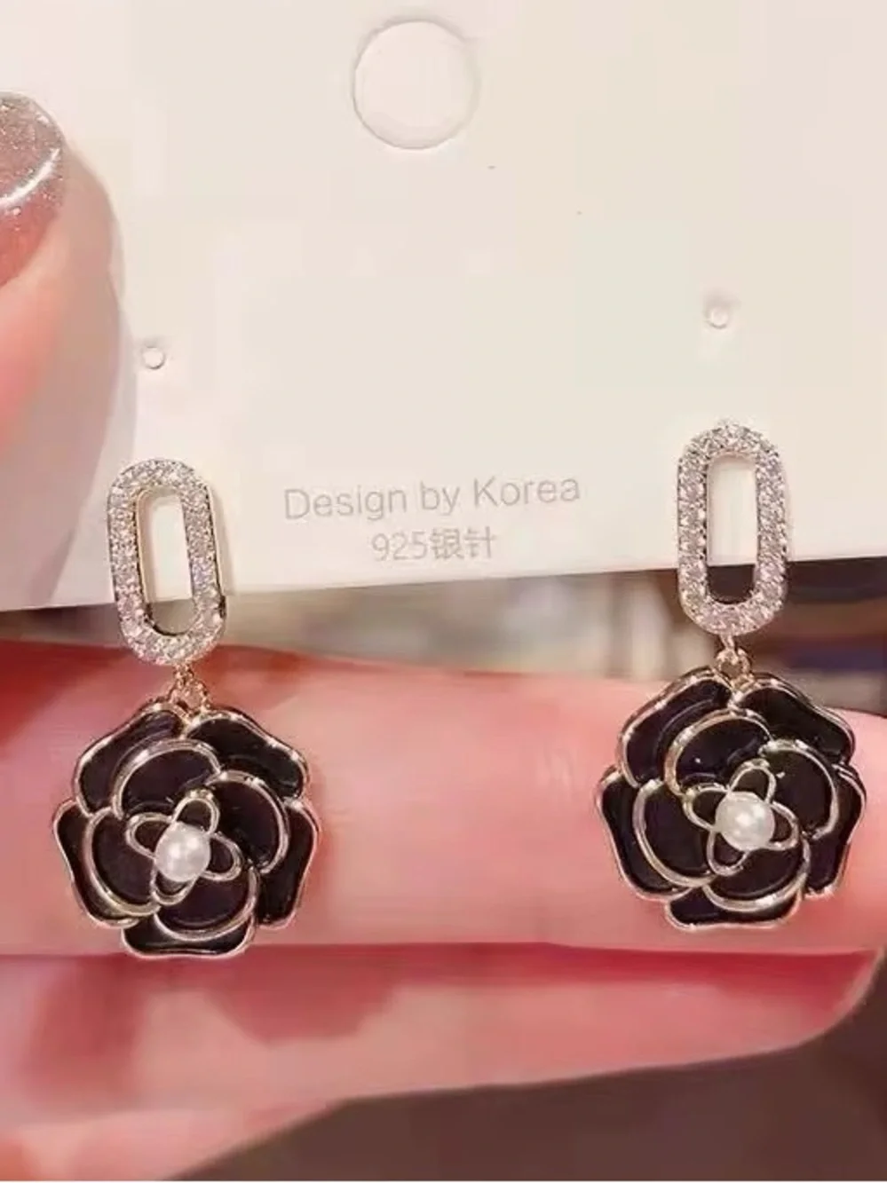 ***Elegant Gold White Enamel Flower Drop Earrings with Crystal Accents